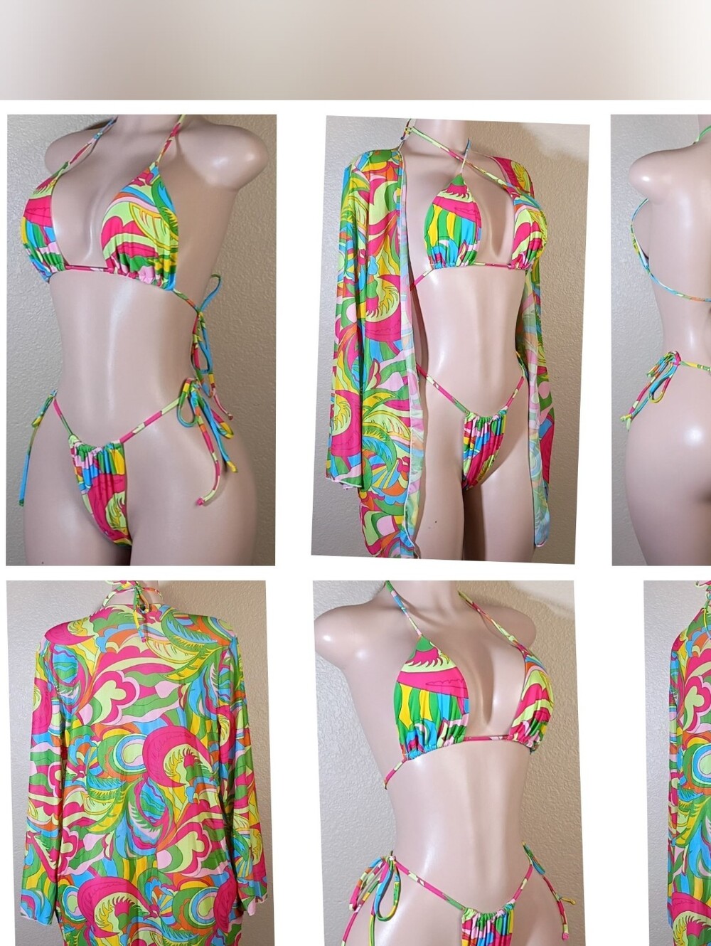 Vibrant Multi-Color Tie Bikini Set with Cover-Up